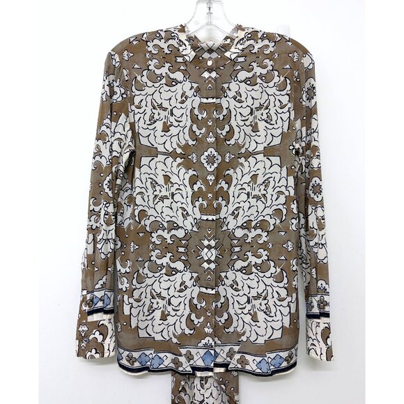 Tory Burch Wheat Nocturne Print Silk Blouse Top Floral Taupe White Bow Tie 4 - Picture 6 of 16